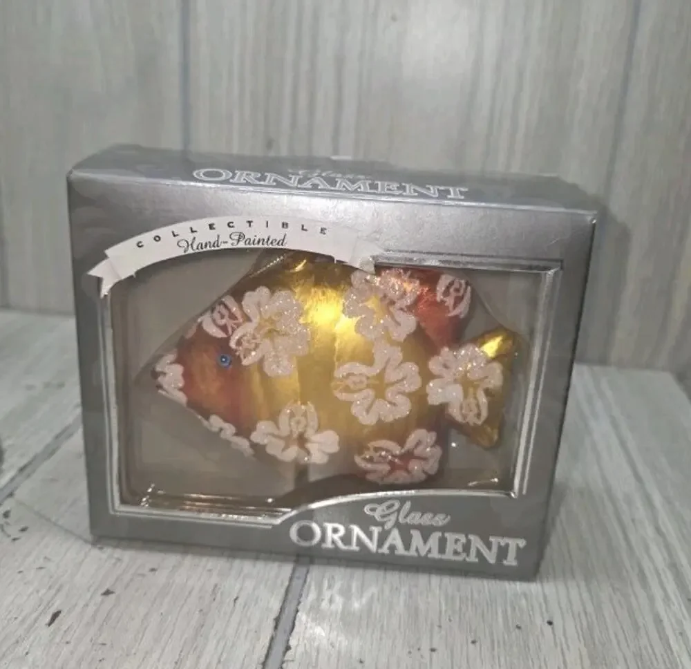 Vtg Hand Painted Island Heritage Hawaiian Fish Glass Christmas Ornament Floral